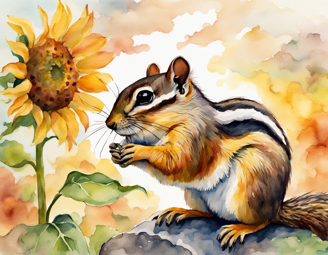 chipmunk eating sunflower seeds Wispy clouds fill the sky.