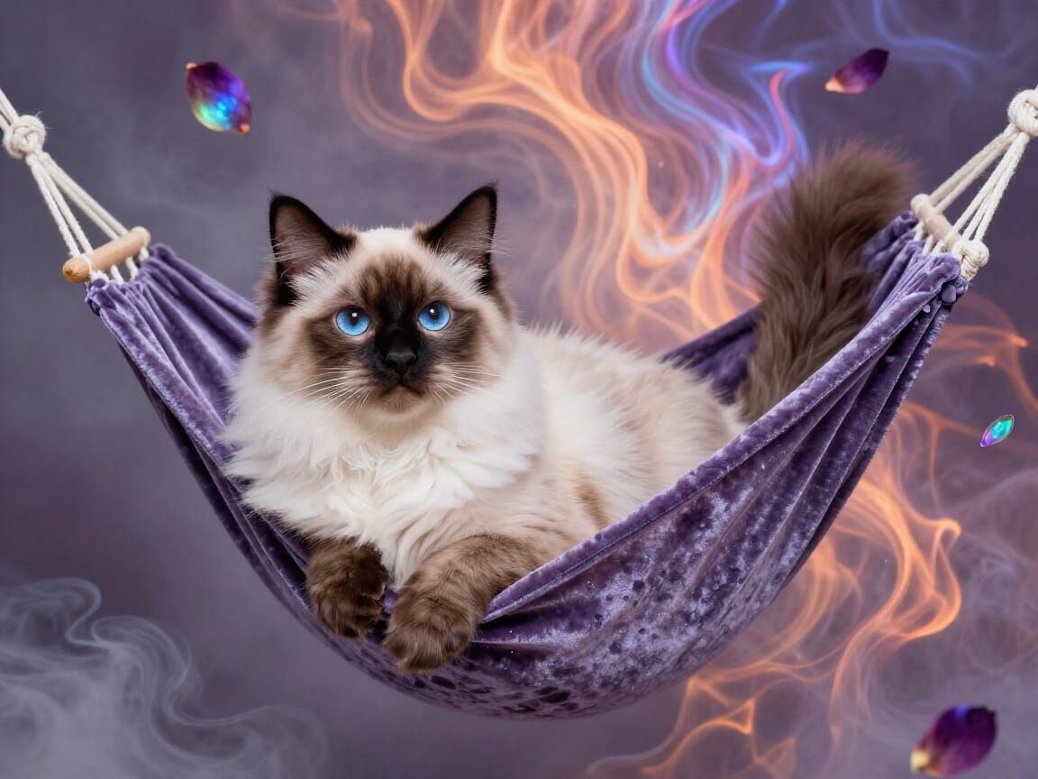 Long-Haired Siamese Cat in Hammock with Spectral Haze