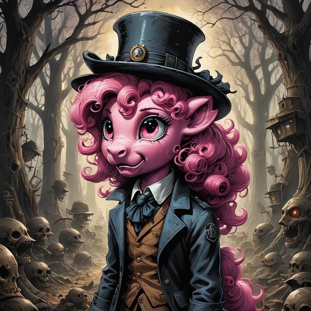 Pinkie pie wearing a detective hat hiding from Applejack fan...