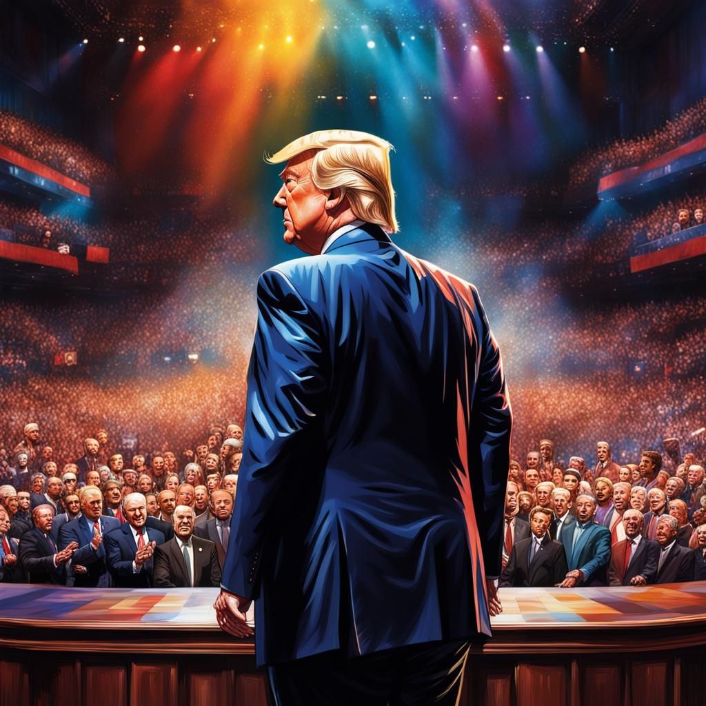 Donald Trump on Stage: Hyperrealistic Splash Art