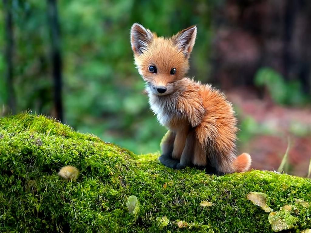 Adorable Baby Fox on Mossy Log in Forest