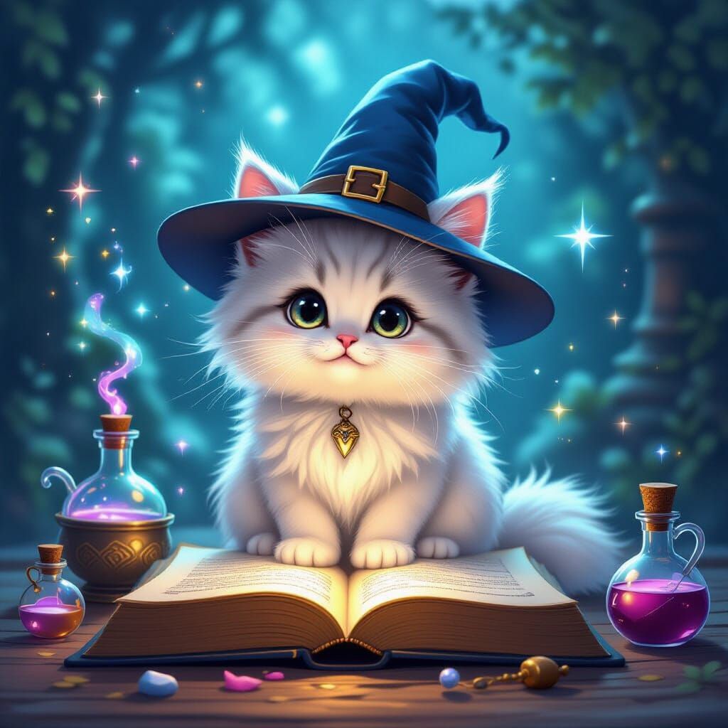 Fluffy Cat Wizard on Magical Book with Sparkles
