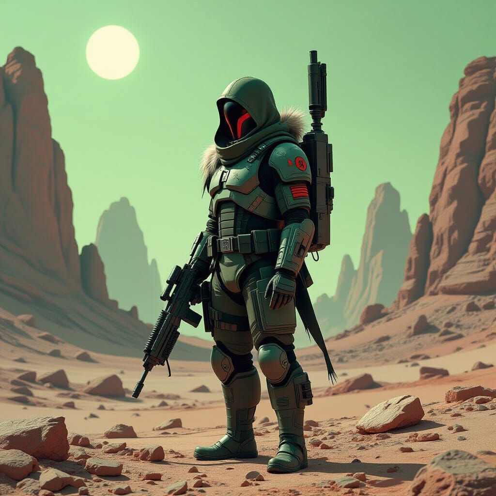 Lone Wolf Guarding Alien Outpost in Surreal Style