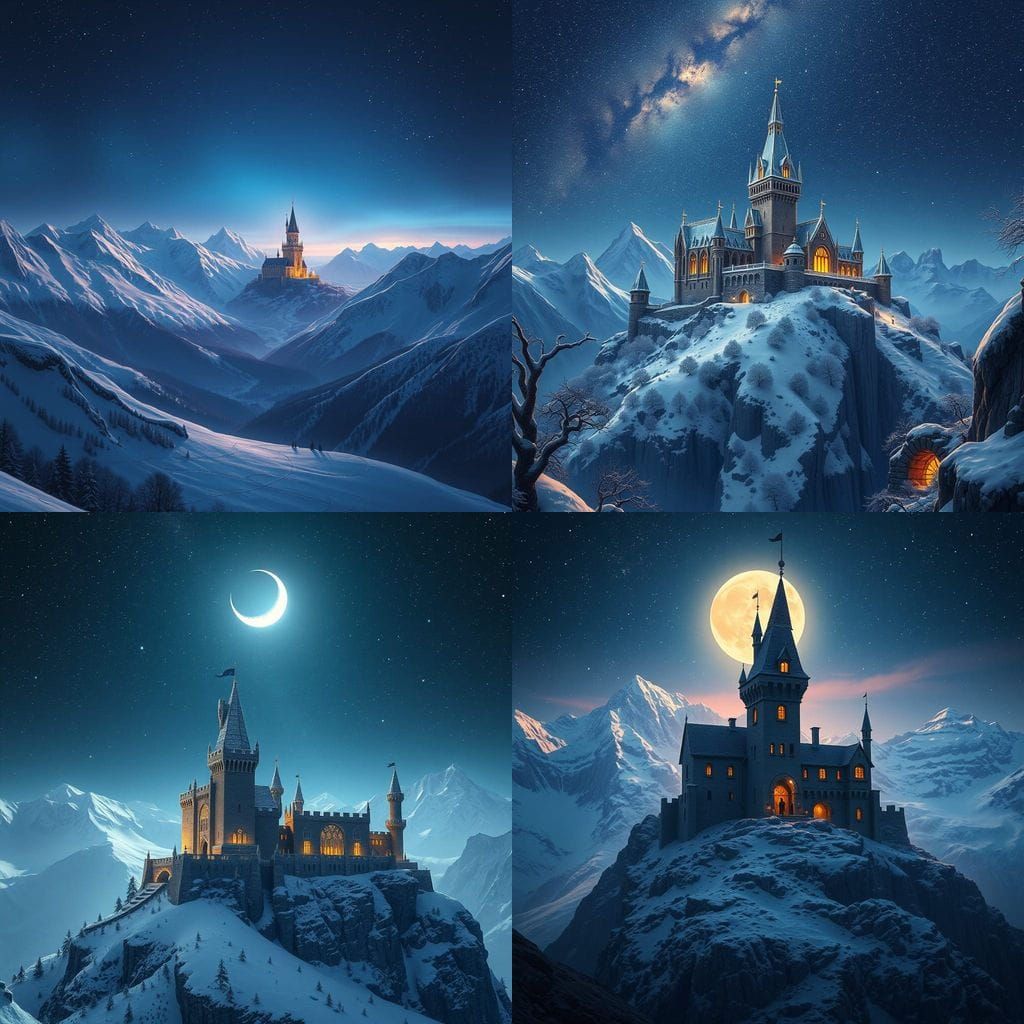 Ethereal Castle Amidst Snowy Peaks Under Starry Night Sky
