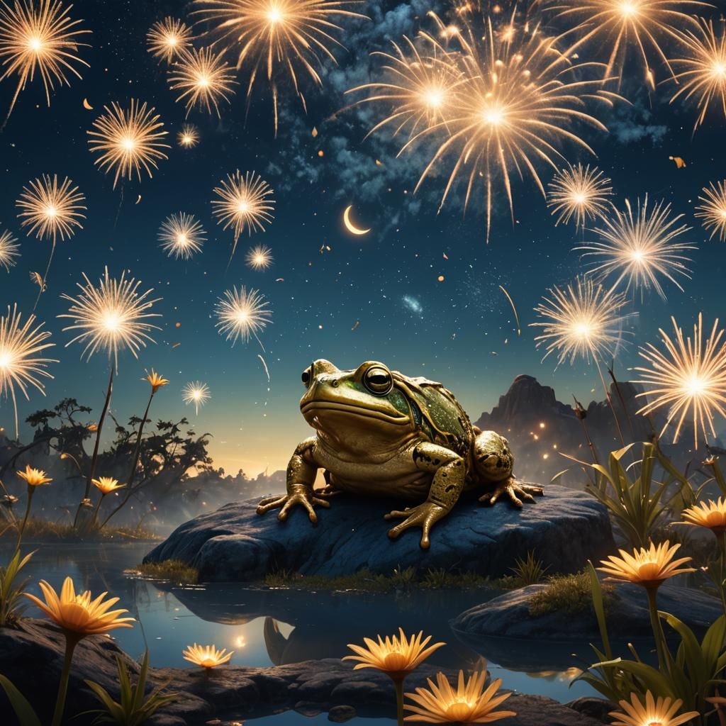 Golden Bullfrog Under Fireworks and Crescent Moon