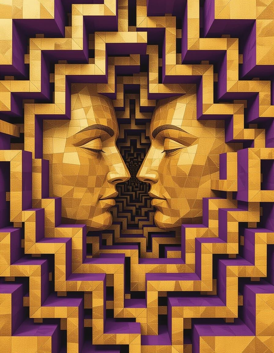 Faces Trapped in a Surreal Geometric Labyrinth