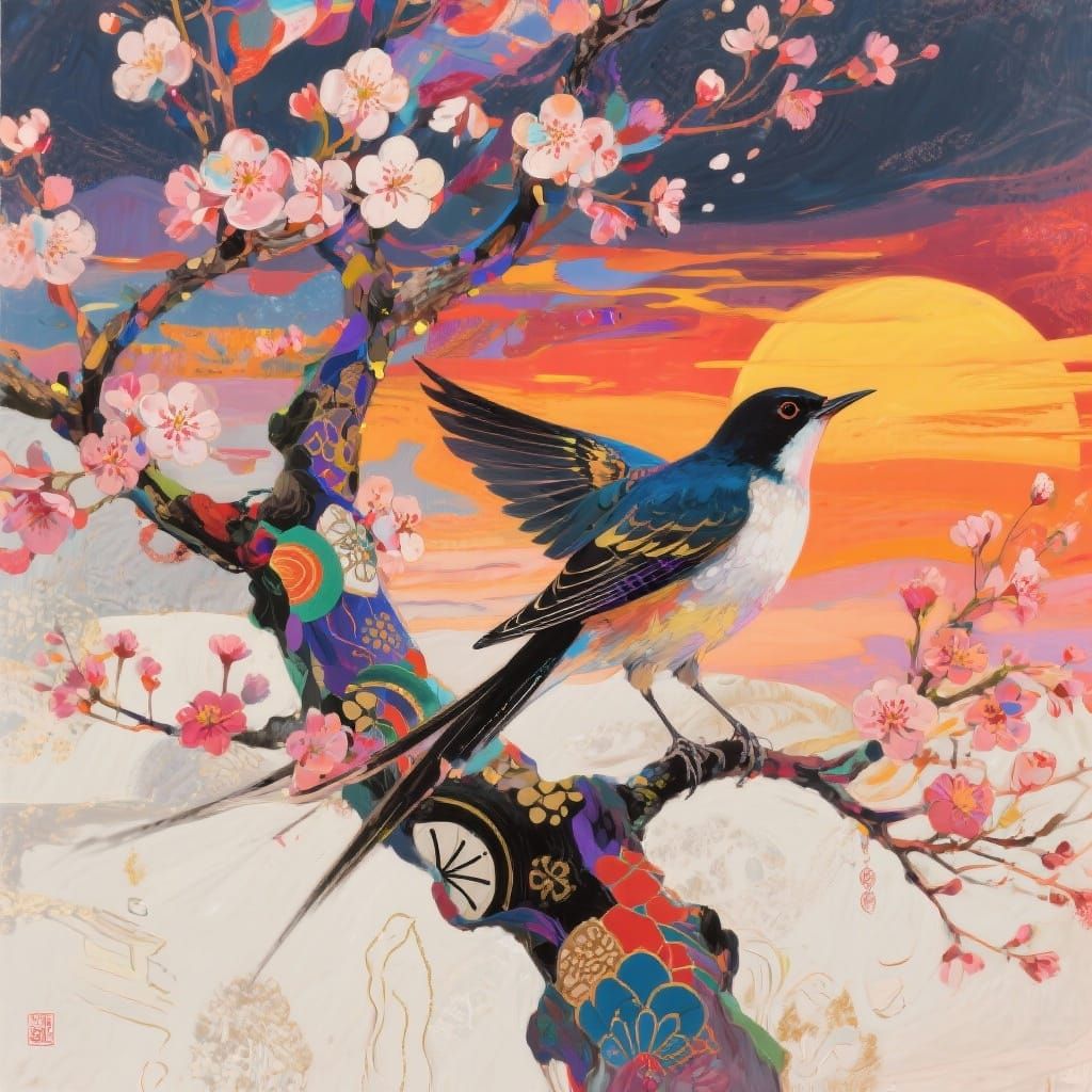 Abstract Blossom Tree Sunset Bird with Japanese Motifs