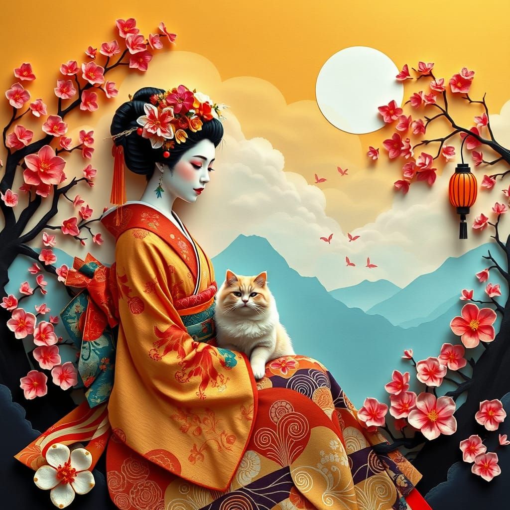 Serenely Beautiful Geisha in Vibrant Japanese Attire, with F...