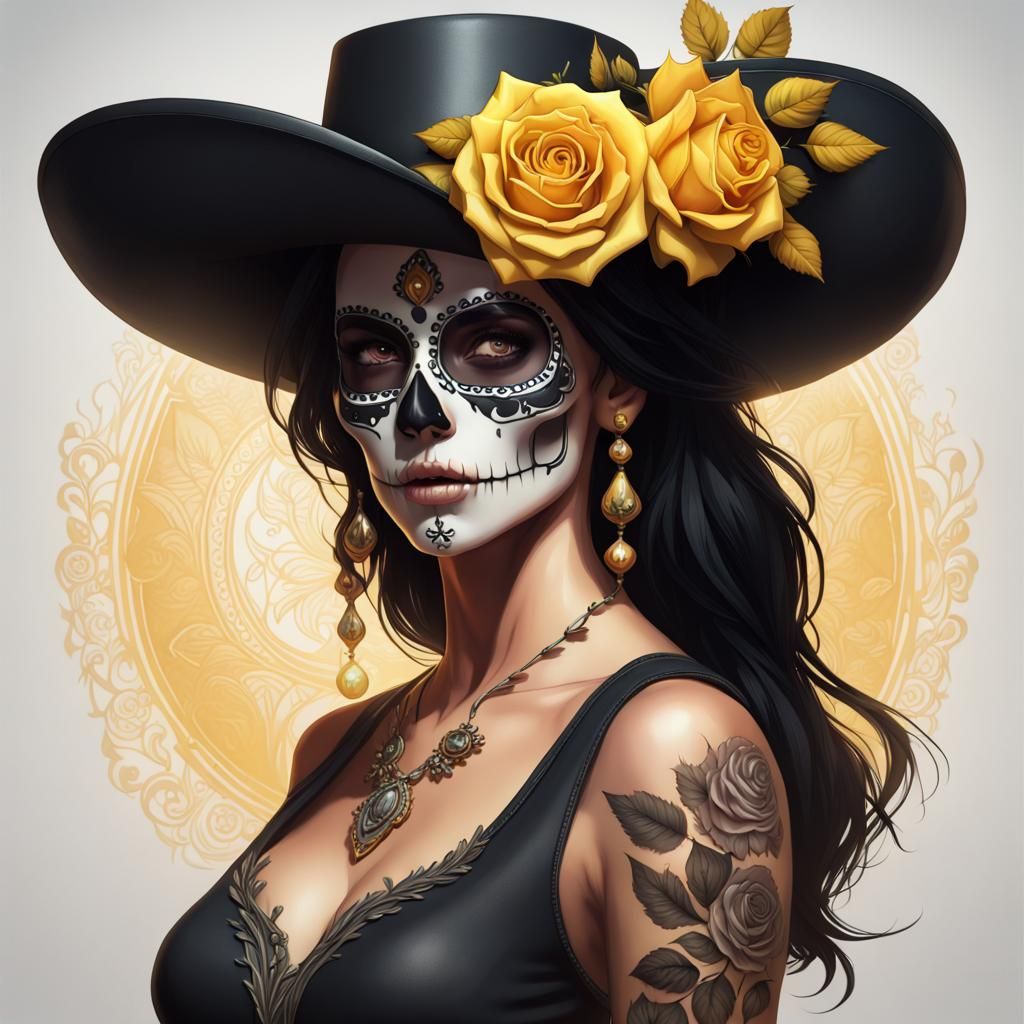 Mexican Skull Woman Portrait in Hyperdetailed Style