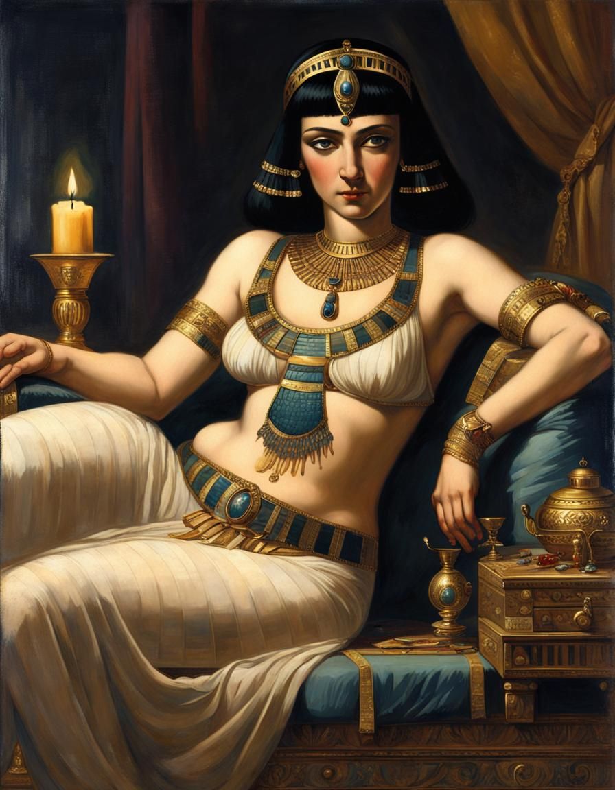 Cleopatra with Asp in Regal Egyptian Painting