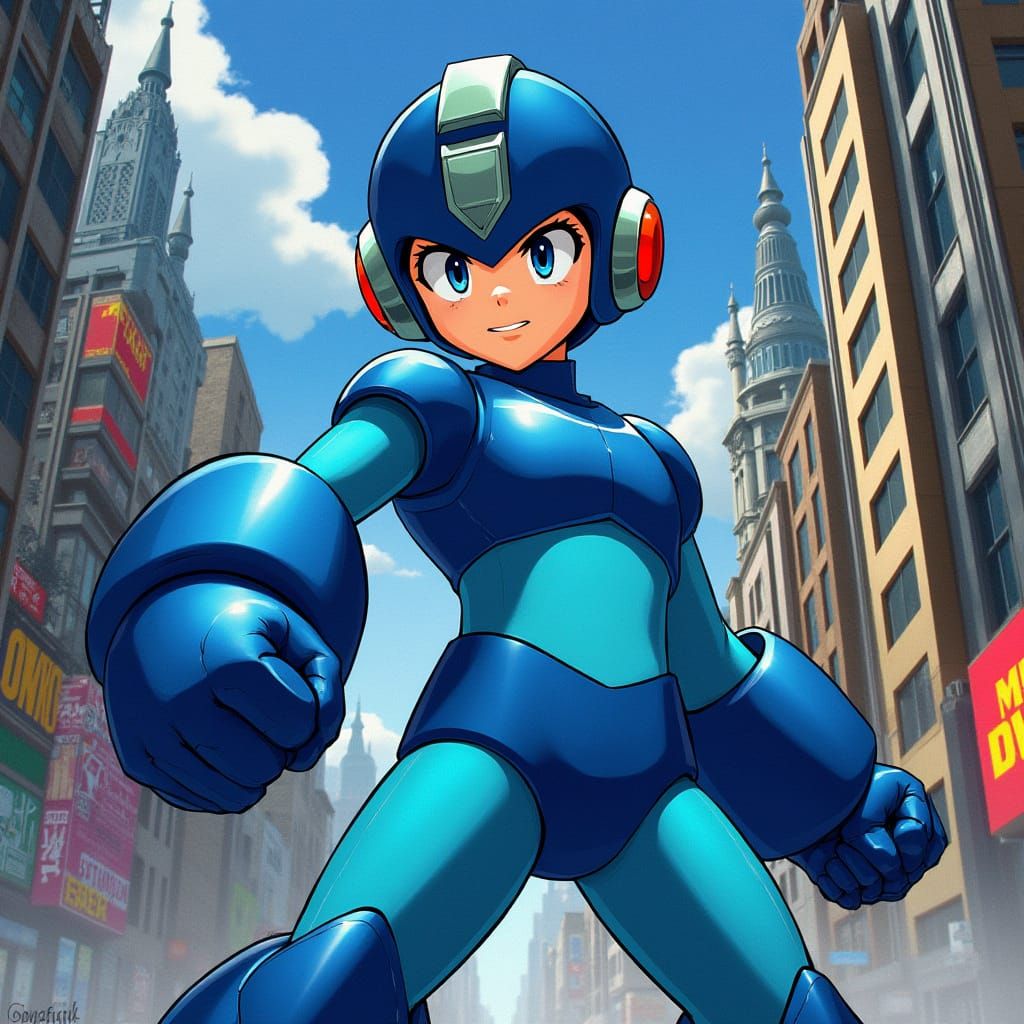 Megaman in Futuristic Cityscape, Comic Book Style
