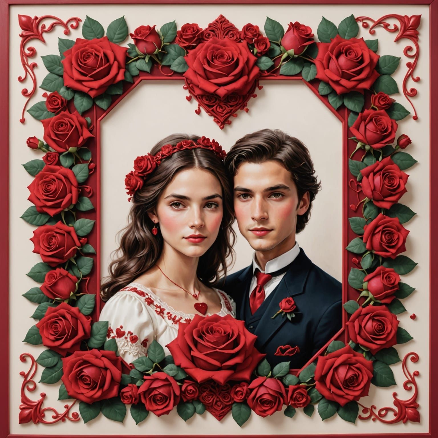 Romantic Couple Blooms with Red Hearts and Roses