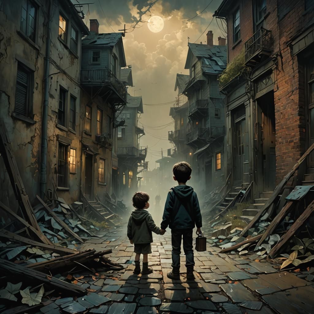 a child who has never met his father sees him as a shadow in a dreamy, emotional and evocative illustration, with high d...