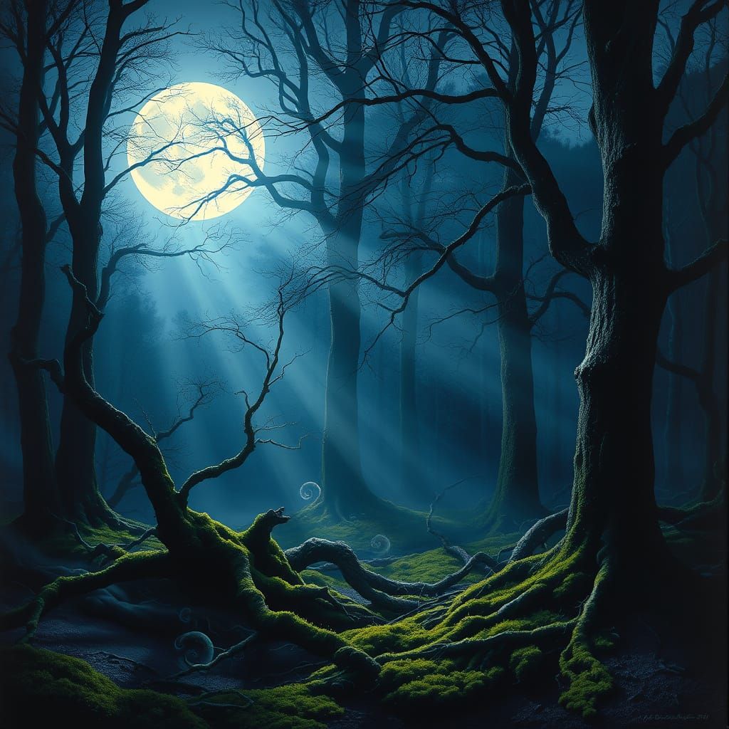 Mystical Forest Under Ethereal Moonlight