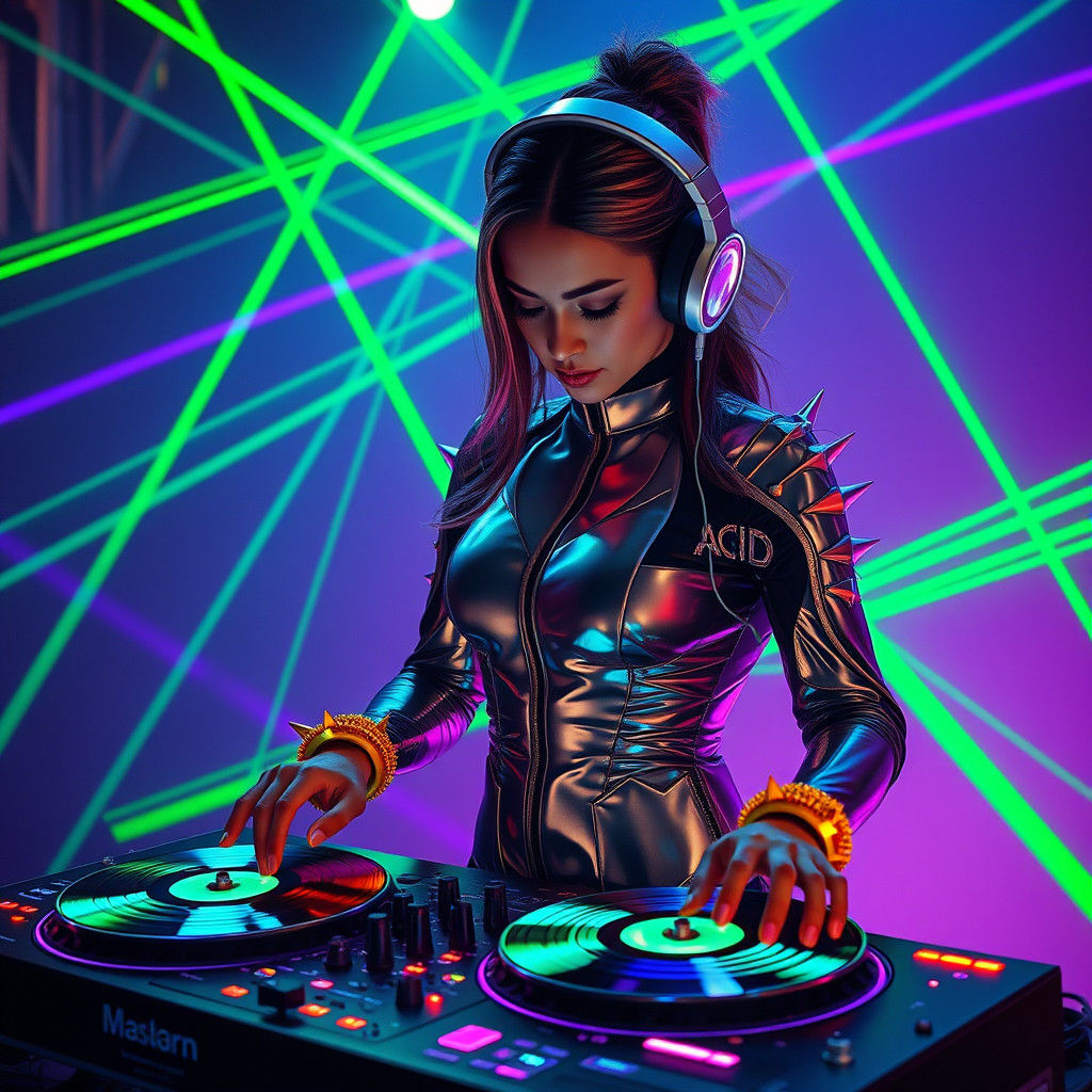 Futuristic DJ in Spacesuit with Neon Light Show