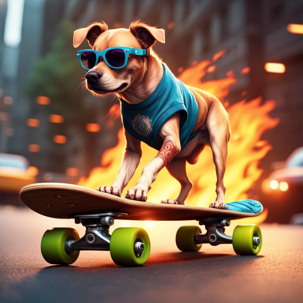 Dog on Skateboard with Tattoo in Hyperdetailed Portrait