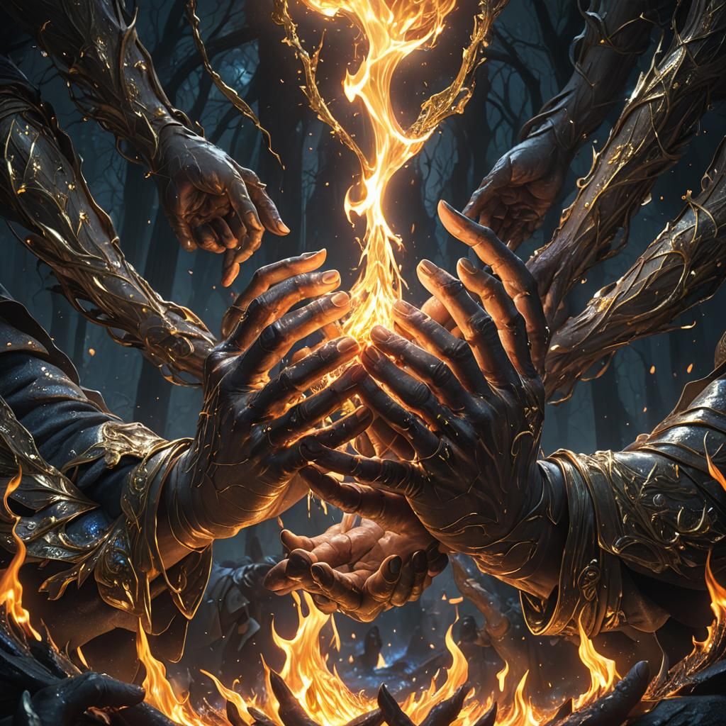 Hands Hold Burning Light: Detailed Anime Concept Art