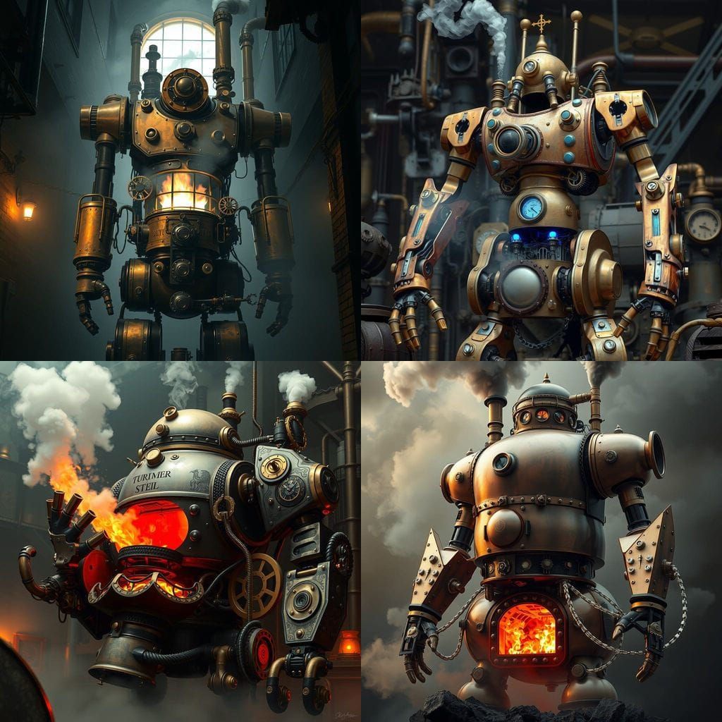 Steam Powered Steampunk Robot in Industrial Aesthetic