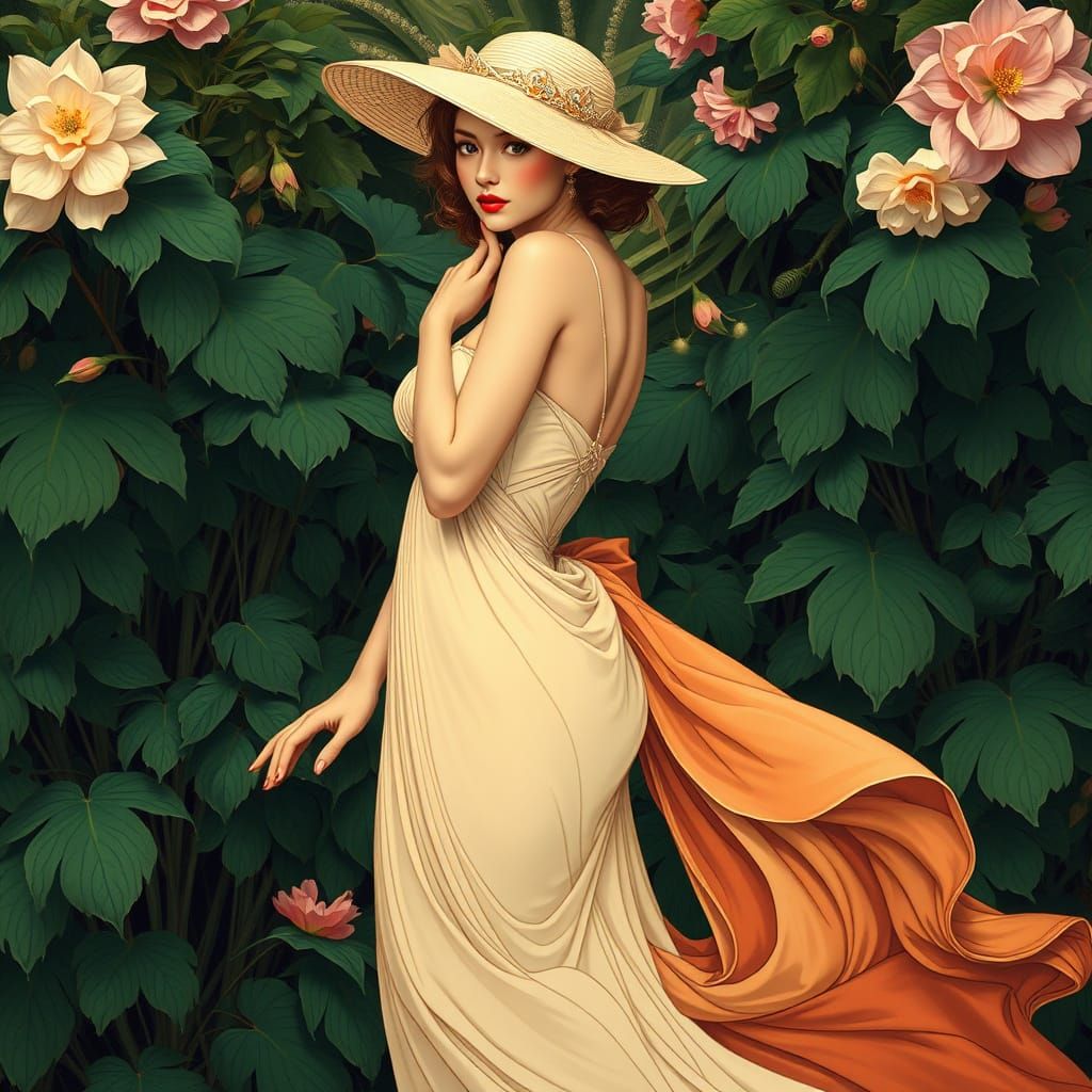 Elegant Woman in Lush Greenery, Inspired by Art Nouveau