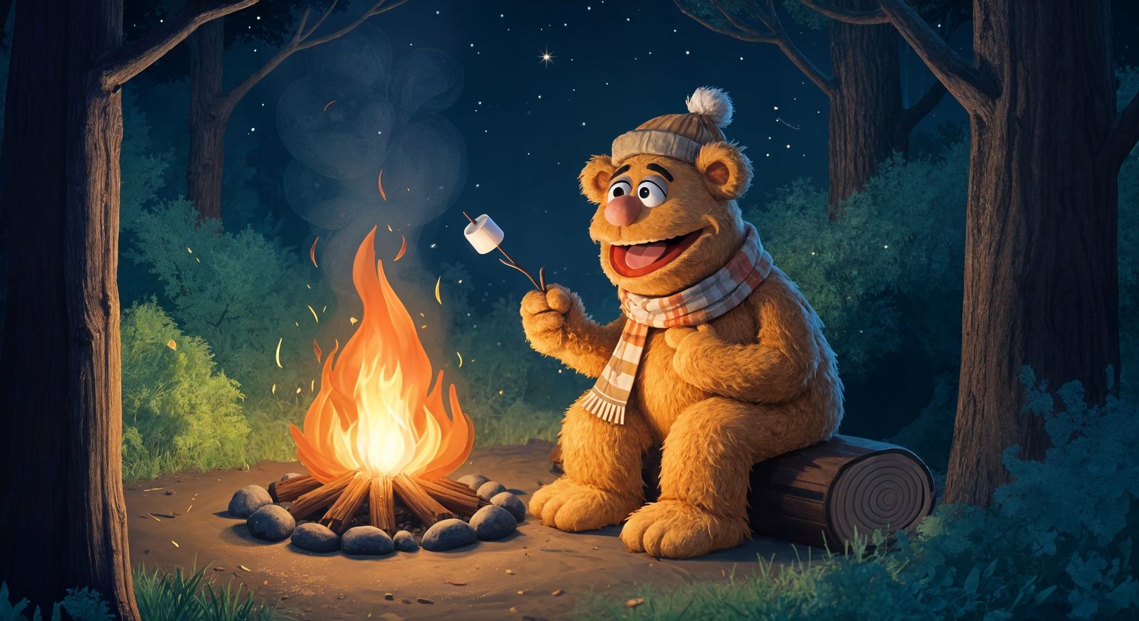 Warm Fozzie Bear by the Campfire