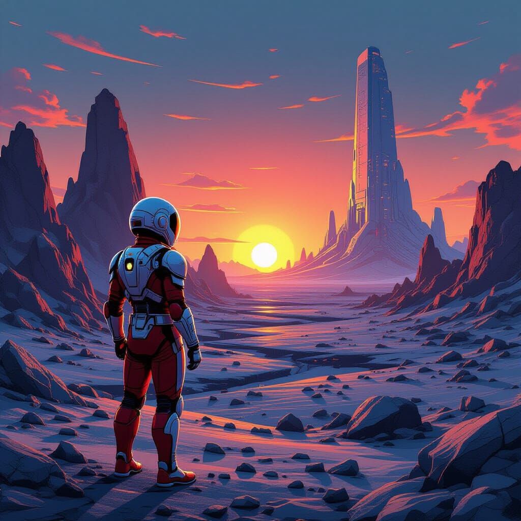 Asian Superhero on Alien Planet at Binary Sunset