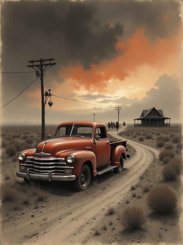 Cowboys on Horseback Approach a Vintage Pickup Truck in a De...