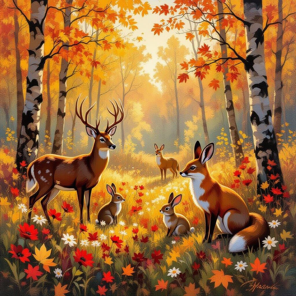 Woodland Animals in Golden Autumn Forest, Impressionistic St...