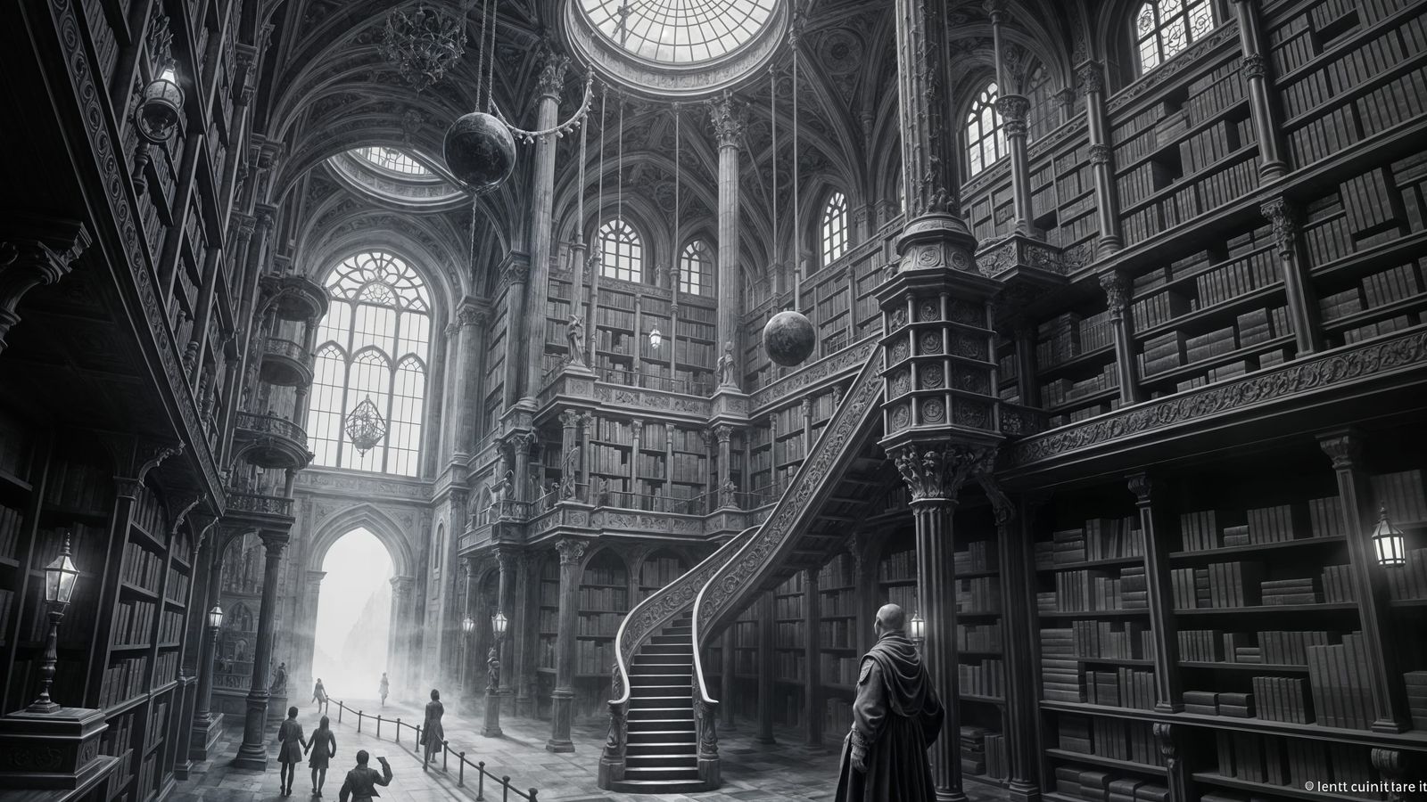 Infinite Gothic Library in Etching Style