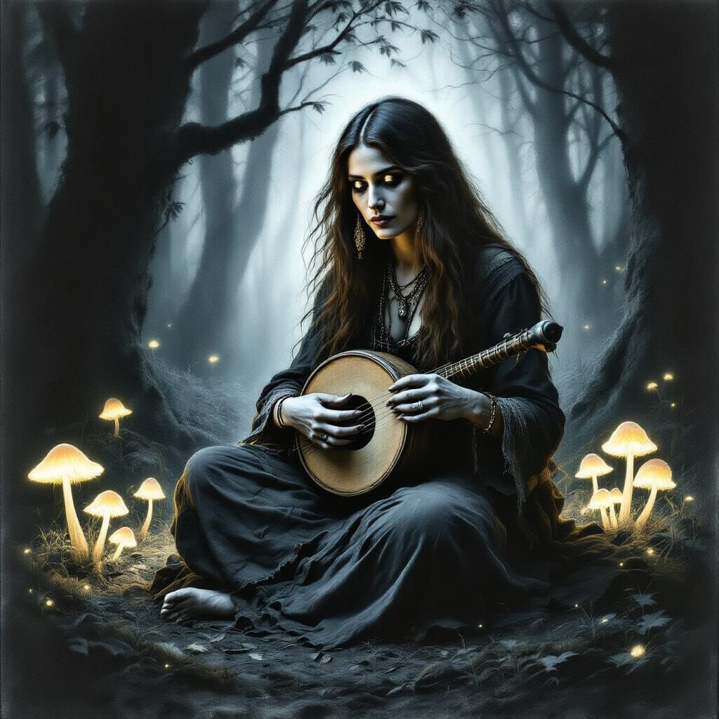 Gypsy Woman in Forest: Dramatic Charcoal Drawing