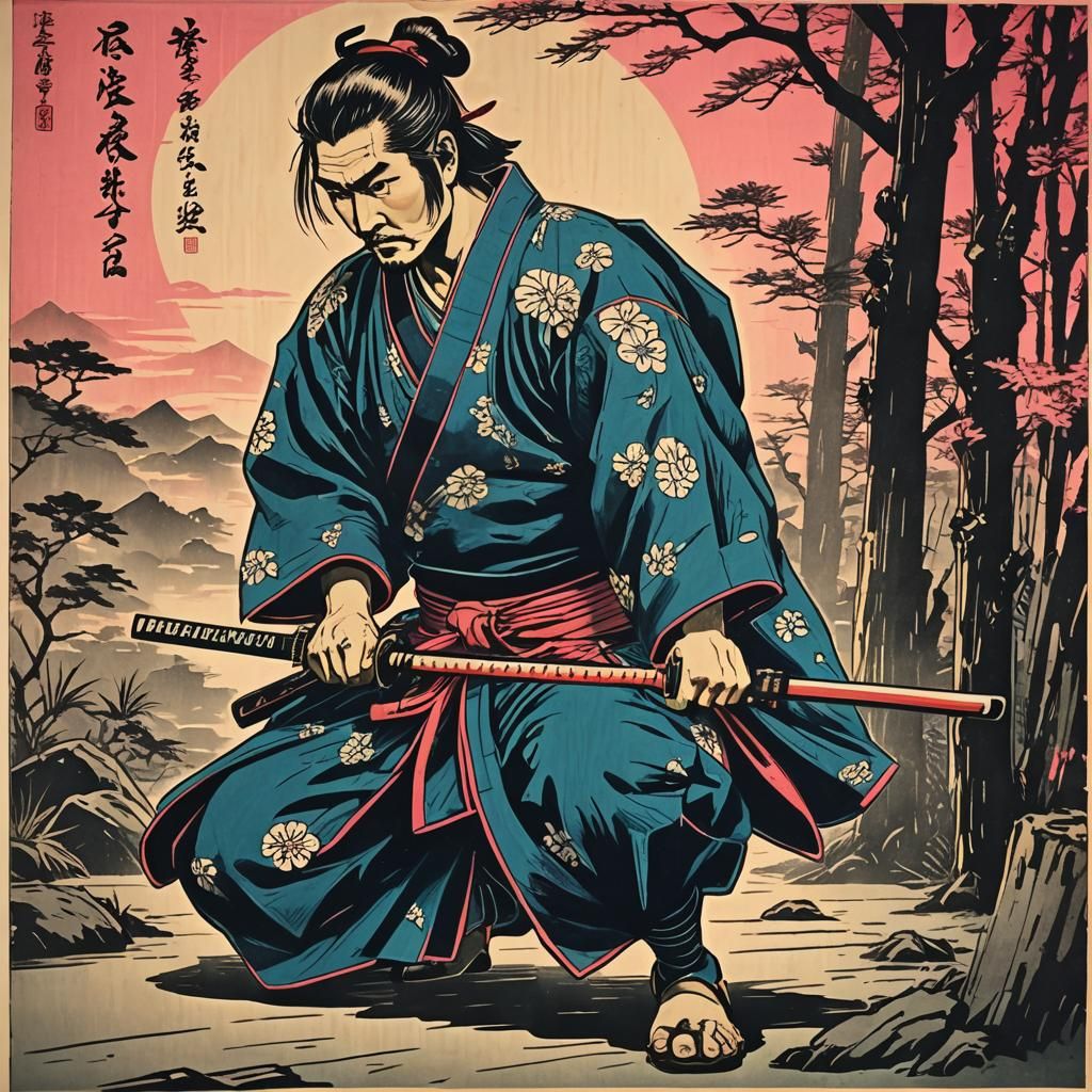 Samurai Practice: Woodblock Print with Synthwave Neon