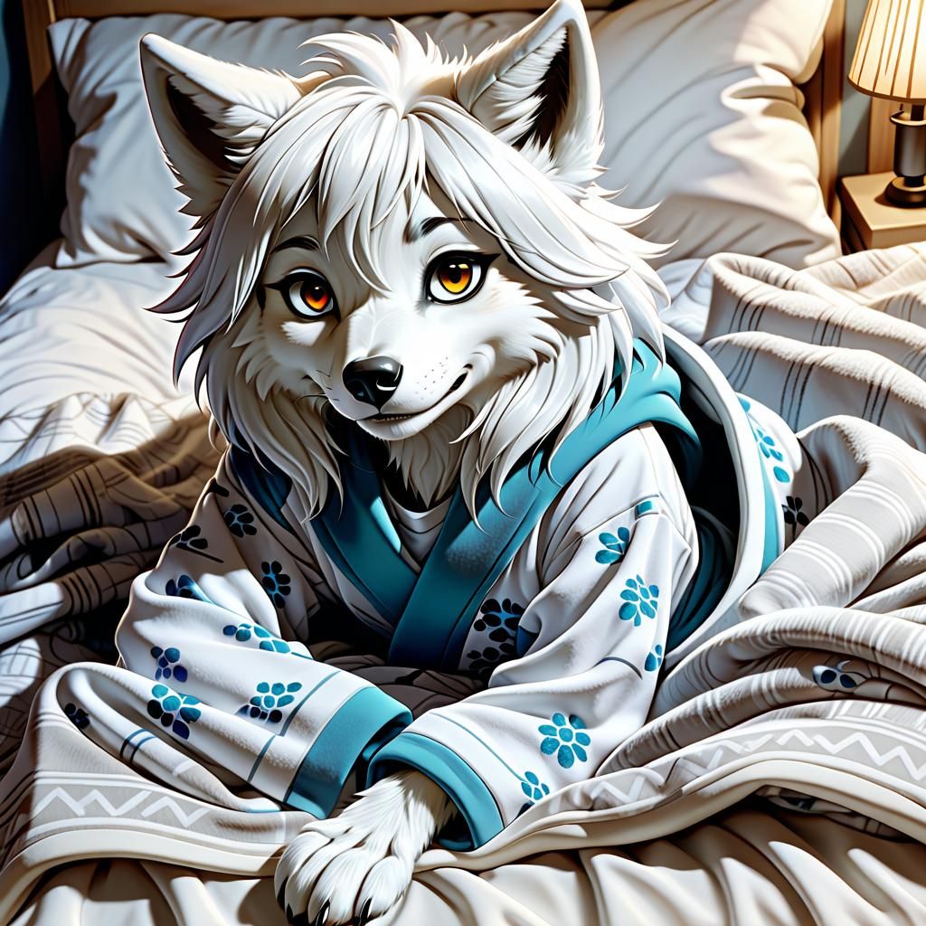 Relaxing White Wolf Girl in Anime Style