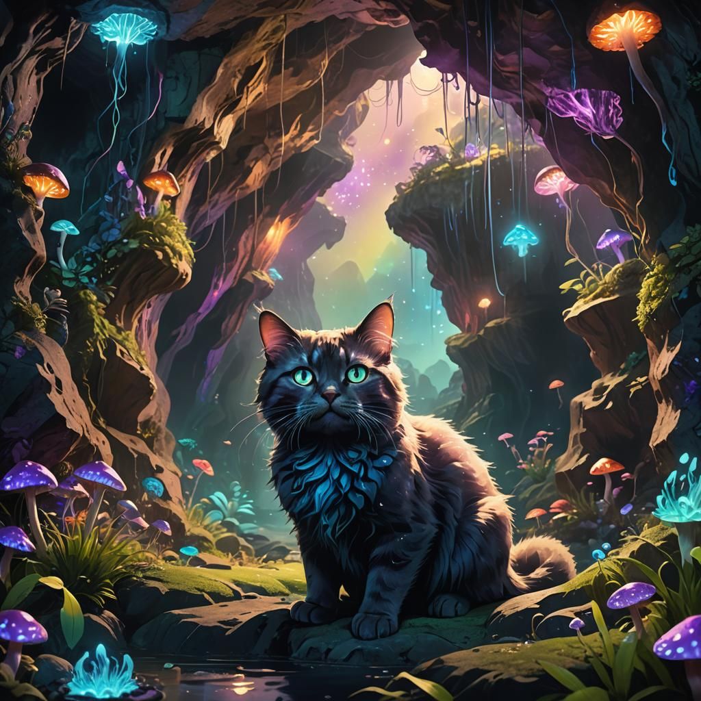 Bioluminescent Cat in a Glowing Cave