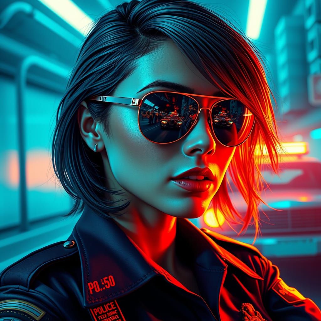 Cyberpunk Woman with Mirrored Glasses in Hyperrealistic Styl...