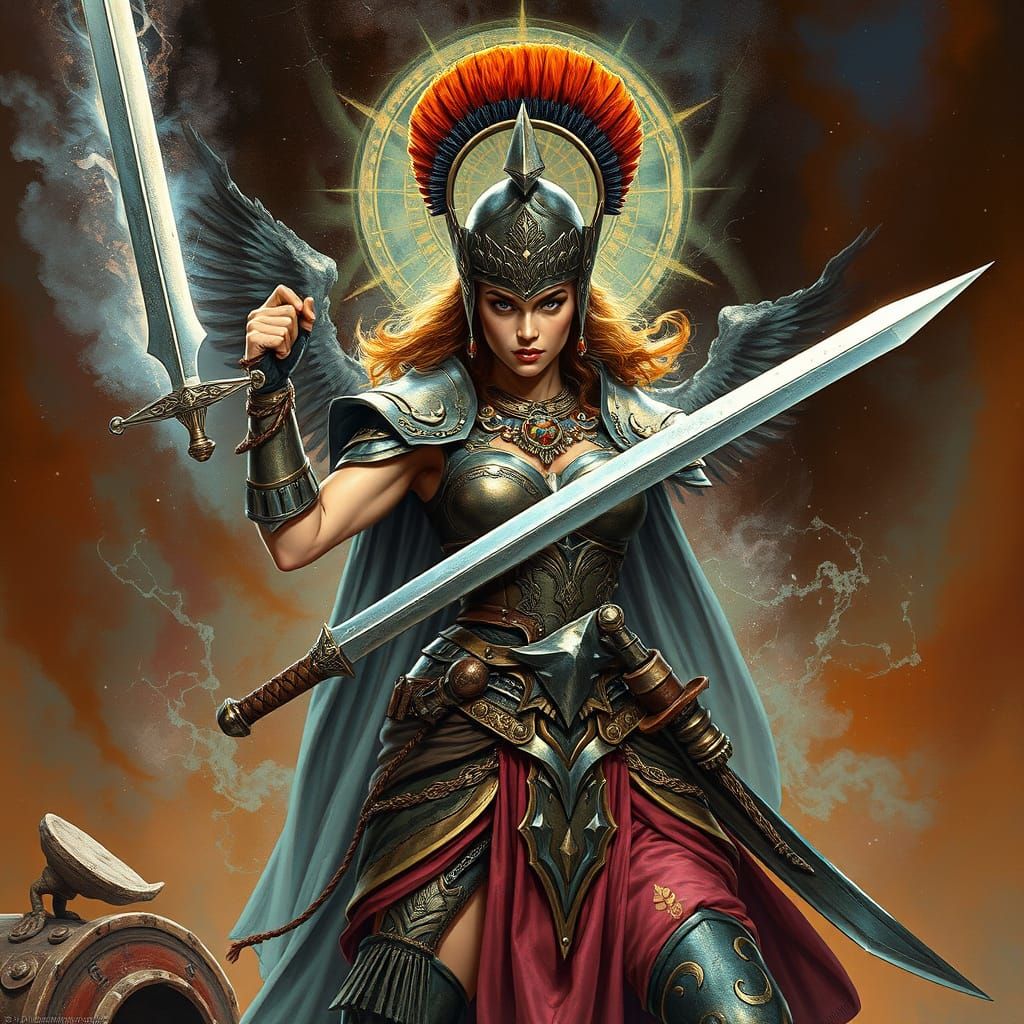 Ancient Armored Warrior Goddess with Mystical Aura