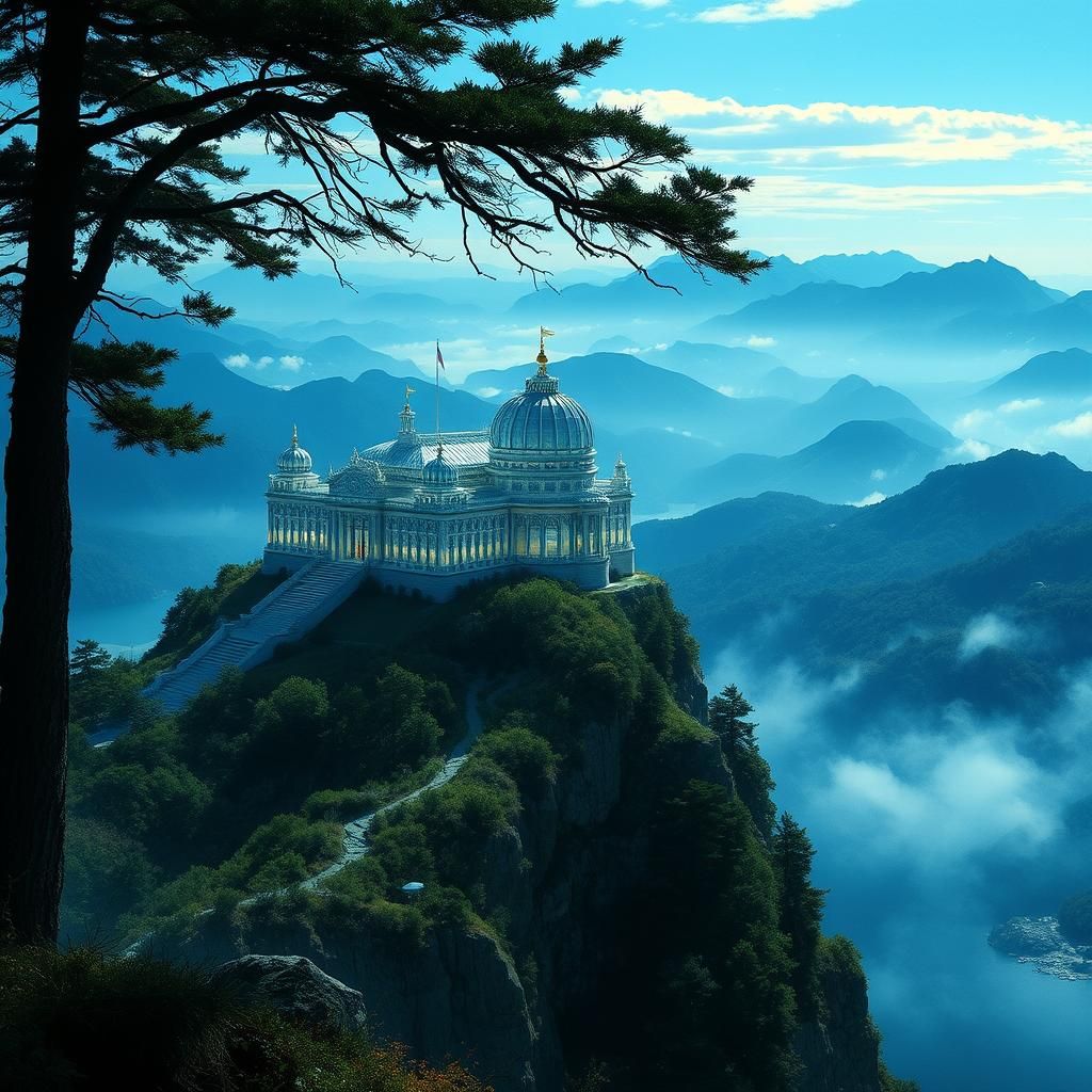 Crystal Palace Overlooking Mountain Landscape, Art Nouveau S...