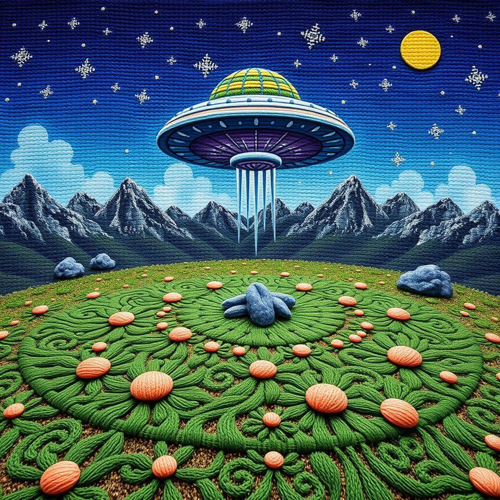 UFO Over Crop Circle in Surreal Cross-Stitch Design