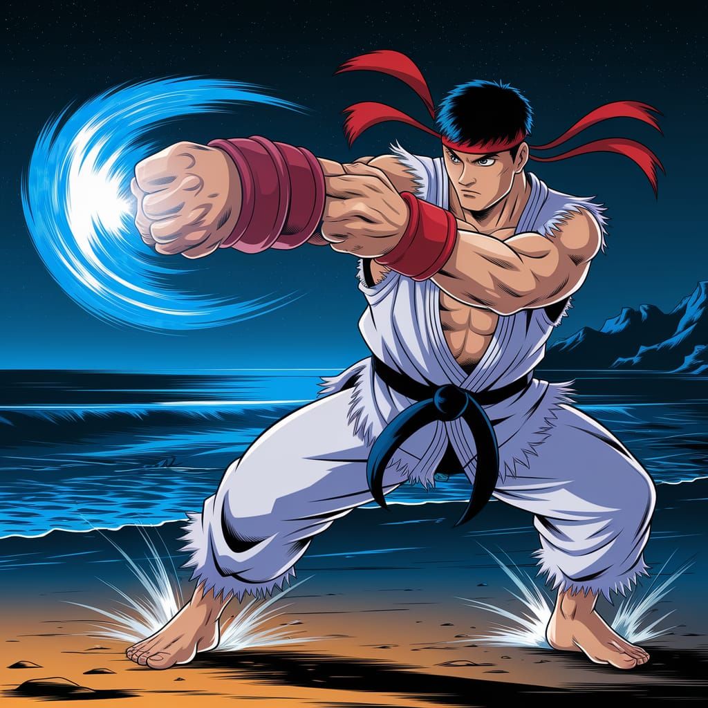 Ryu Unleashes Hadouken on a Night Beach in Anime Style