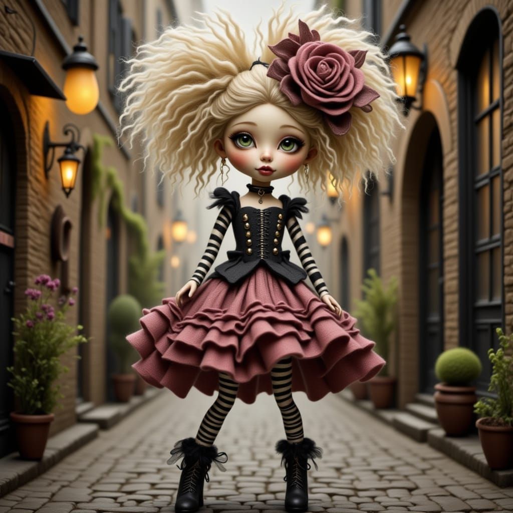 Lenci Doll on Cobblestone Street in Zebra Dress