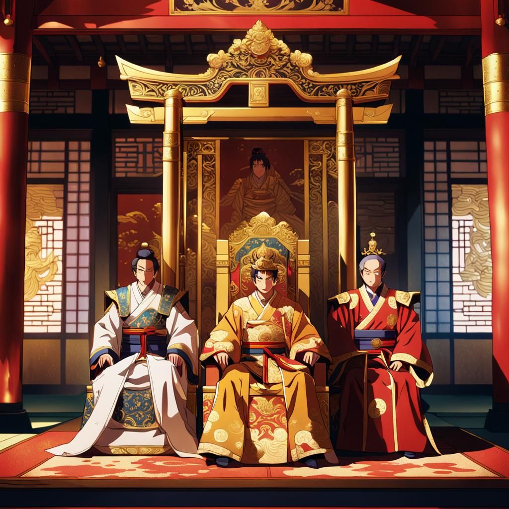 Anime Emperor on Throne in Japanese Architecture
