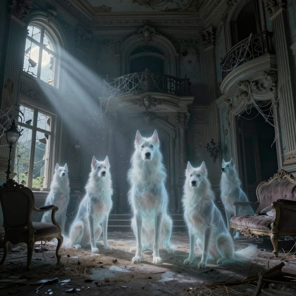 Spectral Dogs Haunt Opulent Mansion in Cinematic Matte Paint...