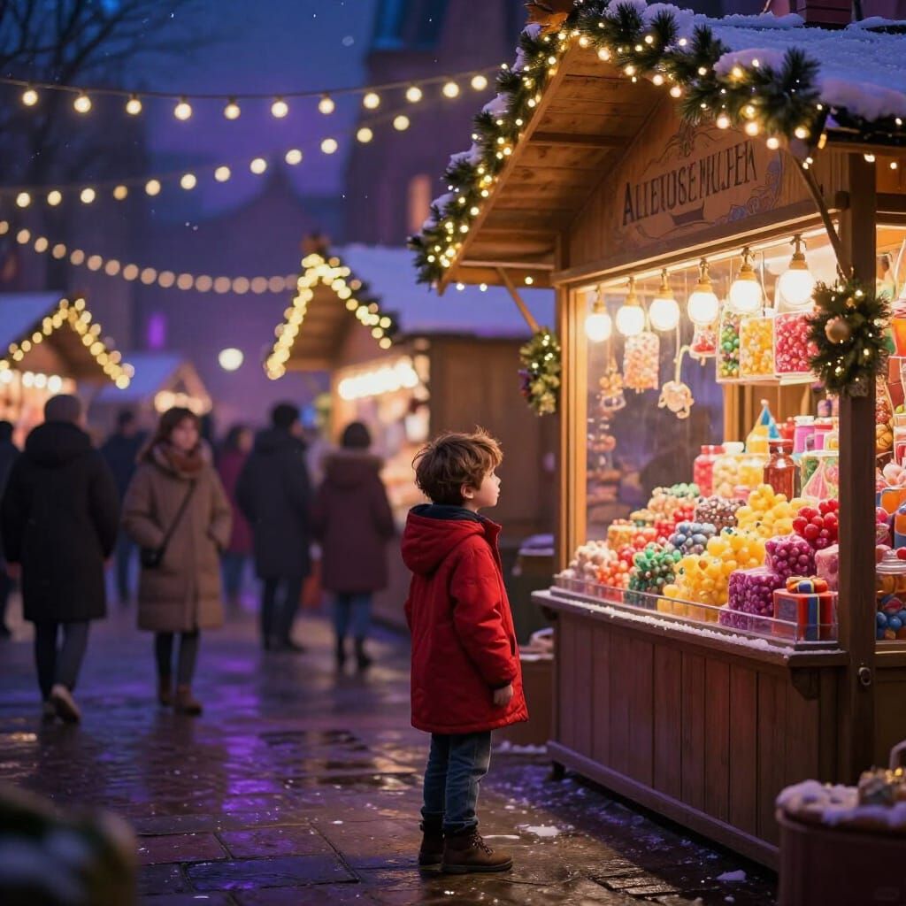 Boy in Red Coat Gazes at Magical Christmas Candy Store