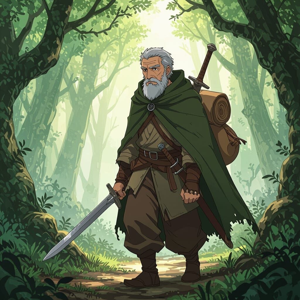 Anime Fantasy Old Man With Sword in Misty Forest