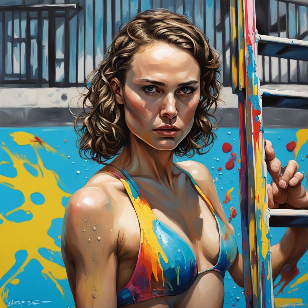 Natalie Portman in Blue Swimsuit, Graffiti Art Style