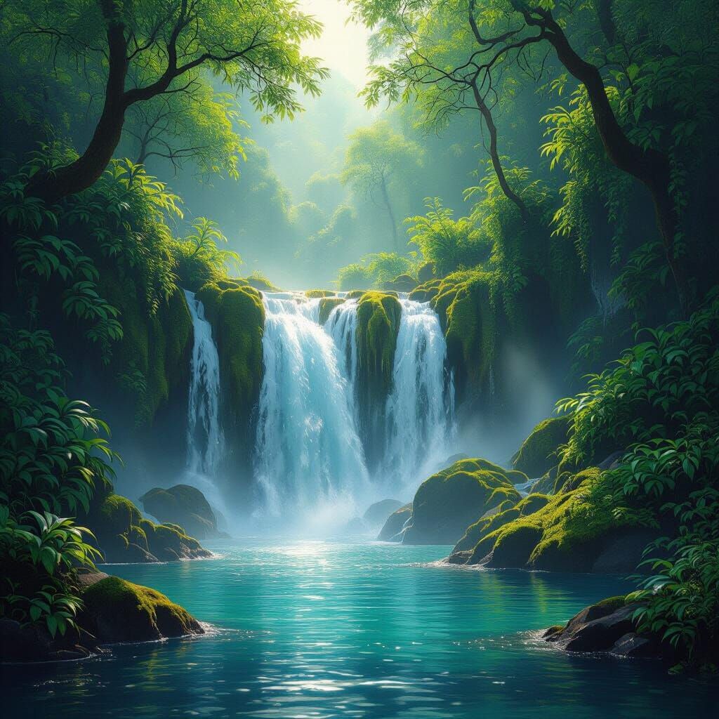 Majestic Waterfall in Lush Forest Digital Matte Painting