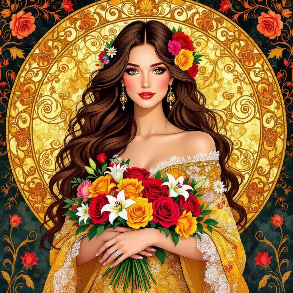 Klimt-Style Woman Adorned with Flowers in Golden Mosaic