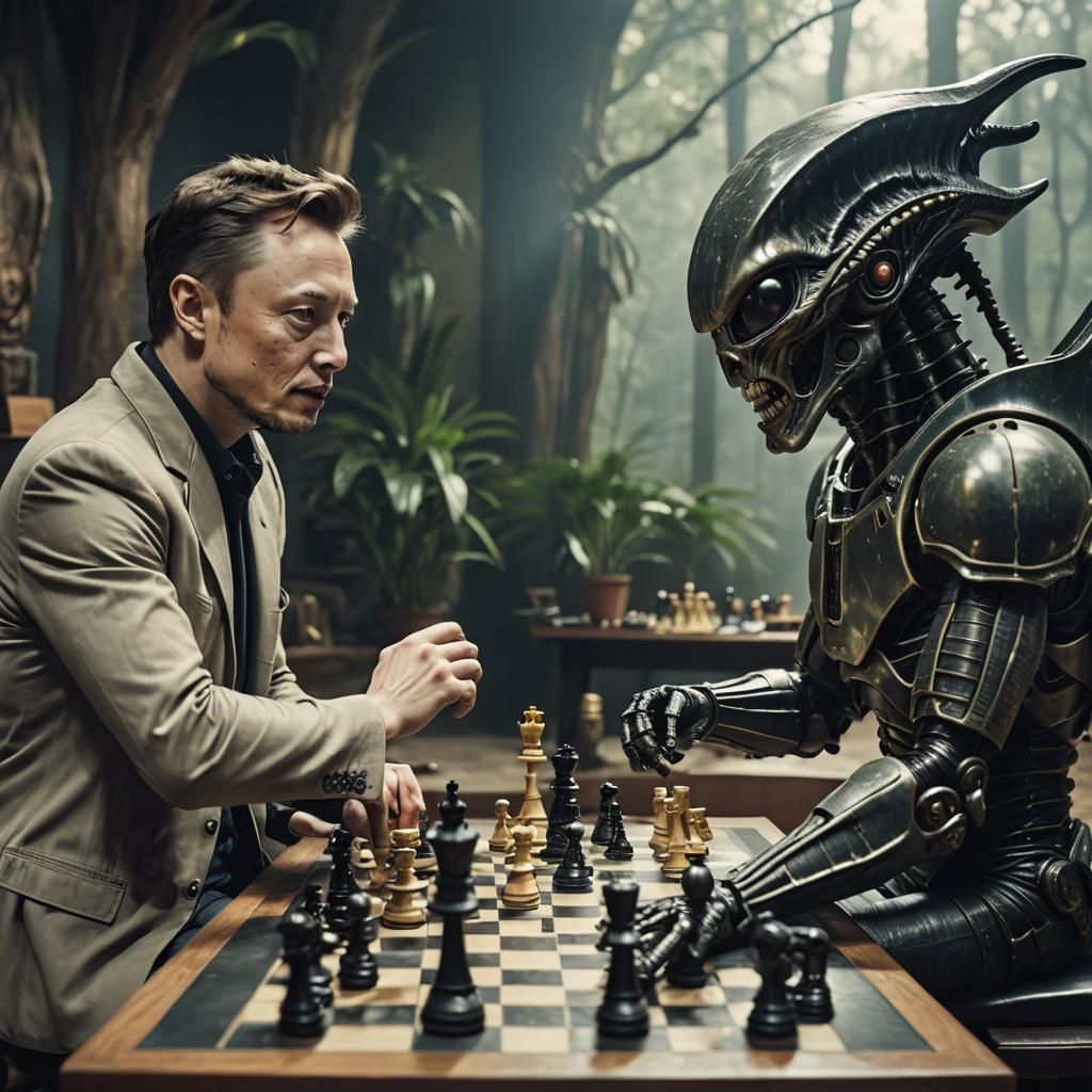 Elon Musk and Alien Play Chess: Cinematic Still