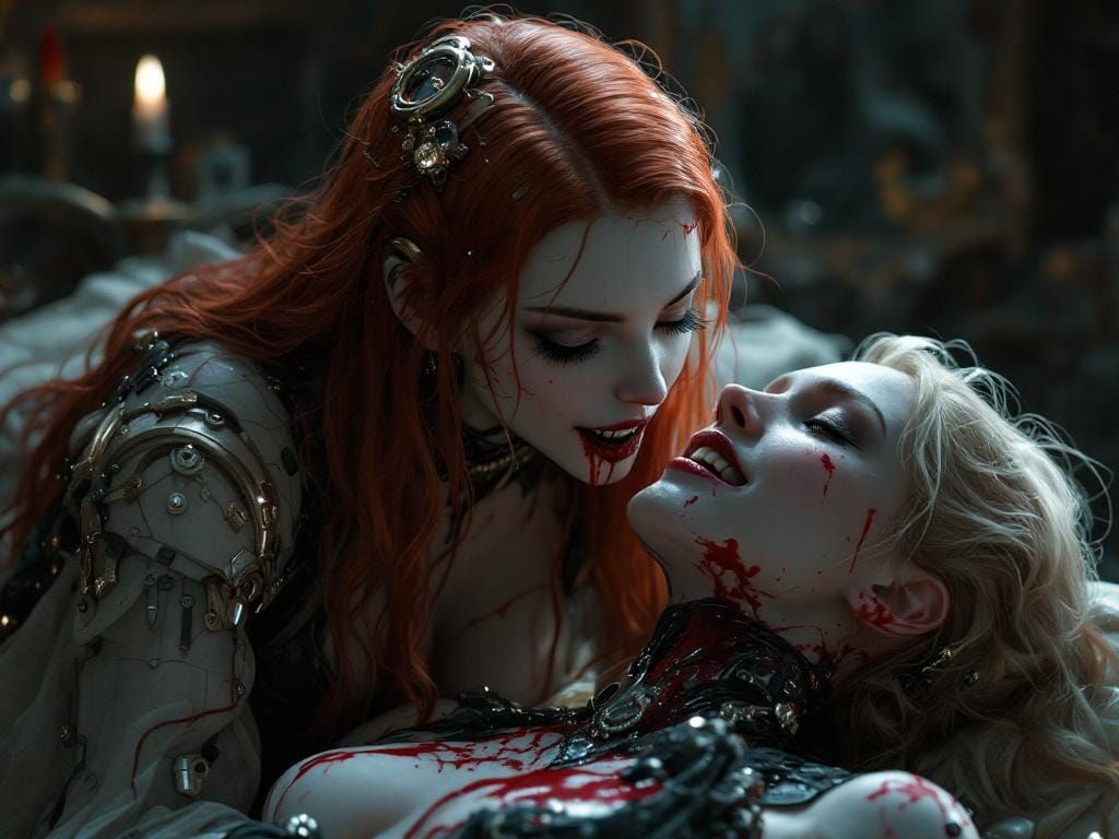 Steampunk Cyborg Vampire Feeds, 3D Anime Art