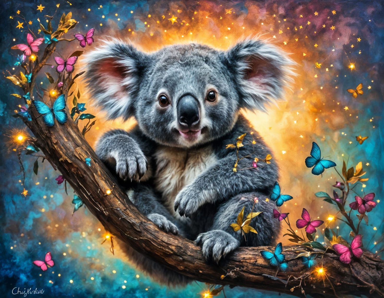 Cute Koala with colorful butterflies in a tree
