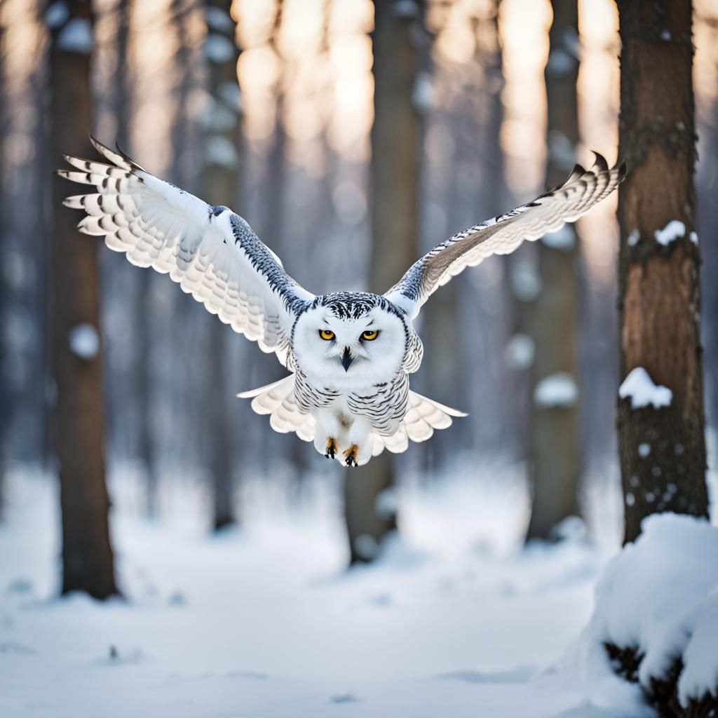 Snow Owl Flies Over Snowy Forest
