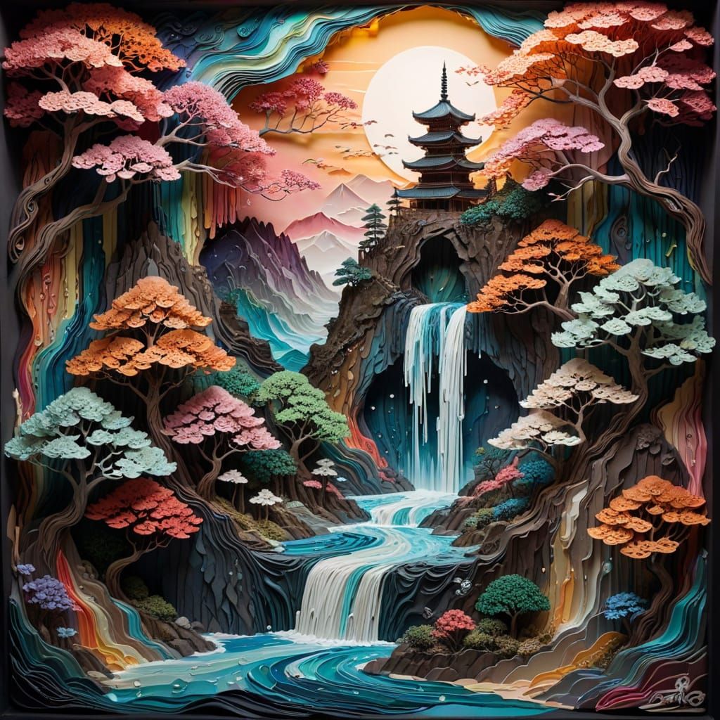 Zen Paper Waterfall Landscape with Lady and Pagoda